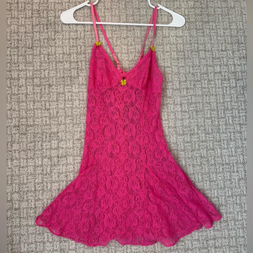 Vintage Betsey Johnson Vibrant Pink Lace Intimates Slip Dress